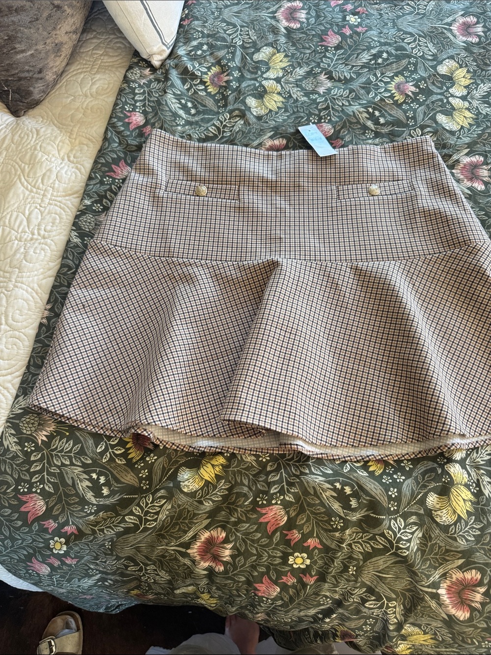 LOFT Neutral Plaid Ruffle-Hem Mini Skirt